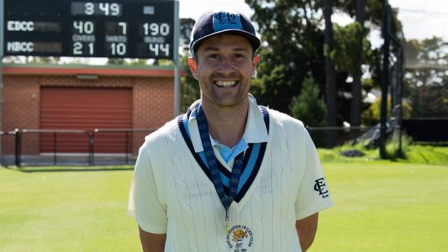 East Doncaster star Peter Dickson was all smiles after his club's ECA Dunstan Shield premiership triumph. Picture: Chris Mirabella