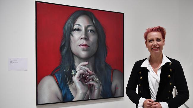 Artist Kathrin Longhurst with her winning portrait at the Gallery of NSW in Sydney. Picture: NCA NewsWire/Joel Carrett