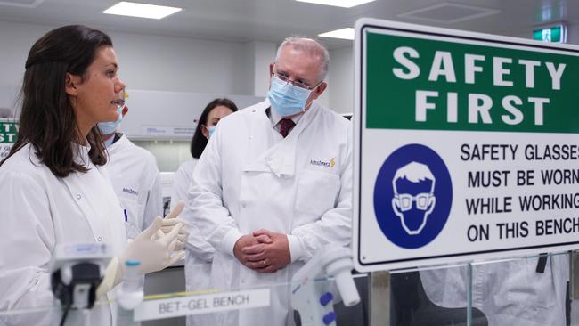 Scott Morrison meets with members of AstraZeneca’s laboratory staff. Picture: Getty Images