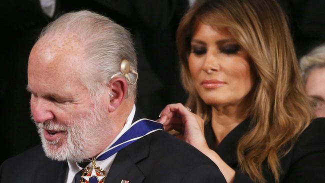 The conservative equivalent: Trump-supporting radio host Rush Limbaugh was given the Medal of Freedom during on of the then-president’s State of the Union speeches. Picture: Mario Tama/Getty Images/AFP