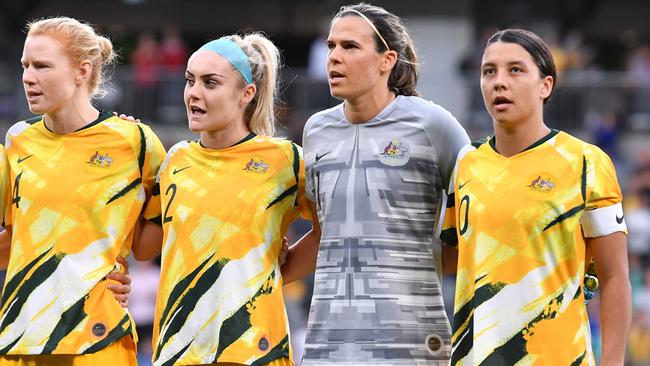 Ellie Carpenter is only 23 but one of 15 Matildas playing at their second consecutive World Cup along with veterans Clare Polkinghorne (left), goalkeeper Lydia Williams and Sam Kerr. Picture: Dean Lewins / AAP