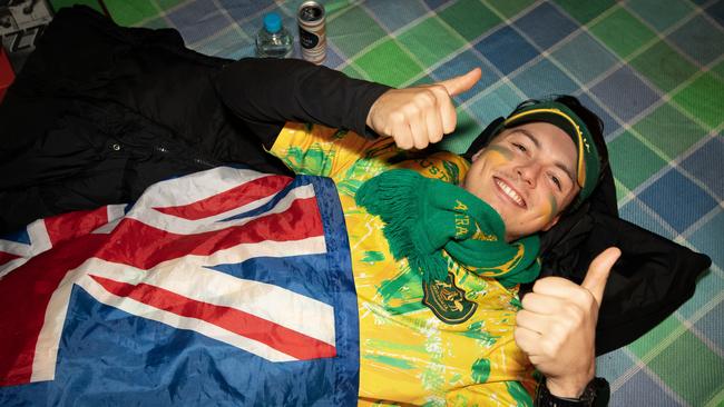 Lachlan Fenton of Gosford finds a cosy spot to watch the match at Tumbalong Park. Picture: NCA NewsWire/ Brendan Read