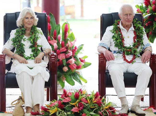 APIA, SAMOA - OCTOBER 24: Queen Camilla and King Charles III attend the Samoa Cultural Village visit on October 24, 2024 in Apia, Samoa. The King's visit to Australia is his first as monarch, and the Commonwealth Heads of Government Meeting (CHOGM) in Samoa will be his first as head of the Commonwealth. (Photo by Chris Jackson/Getty Images)