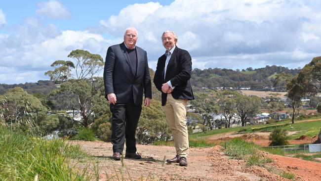 Local land agent James Sexton from Sexton Glover Watts and Brett Matthews Director of Guylerie Pty Ltd at the proposed site of a new pub in Mt Barker. Picture: Keryn Stevens