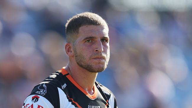 SYDNEY, AUSTRALIA - MARCH 19:  Adam Doueihi of the Wests Tigers looks on during the round three NRL match between Canterbury Bulldogs and Wests Tigers at Belmore Sports Ground on March 19, 2023 in Sydney, Australia. (Photo by Mark Metcalfe/Getty Images)