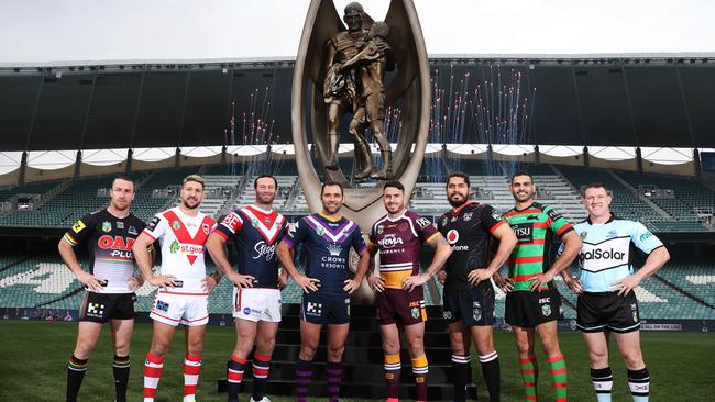 Captains from the eight finals teams during the NRL captains' call at Allianz Stadium, Sydney ahead of the 2018 NRL Grand Final. Picture: Brett Costello