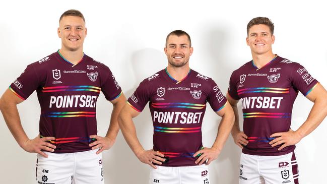 Manly's Sean Keppie, Kieran Foran and Reuben Garrick in the pride jersey. Picture: Manly Digital