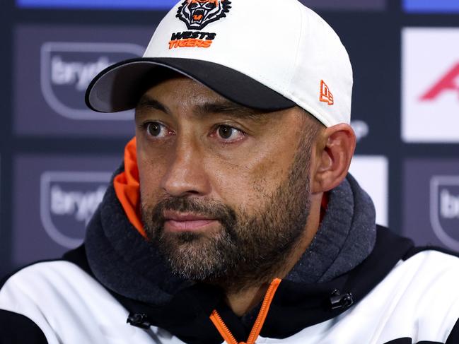 SYDNEY, AUSTRALIA - JUNE 30: Tigers coach Benji Marshall speaks to the media following the round 17 NRL match between Sydney Roosters and Wests Tigers at Allianz Stadium, on June 30, 2024, in Sydney, Australia. (Photo by Brendon Thorne/Getty Images)