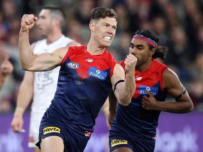 2022 AFL Football Round 22 - Melbourne Demons V Carlton Blues at the MCG. Jake Melksham celebrates a goal. Picture: Mark Stewart
