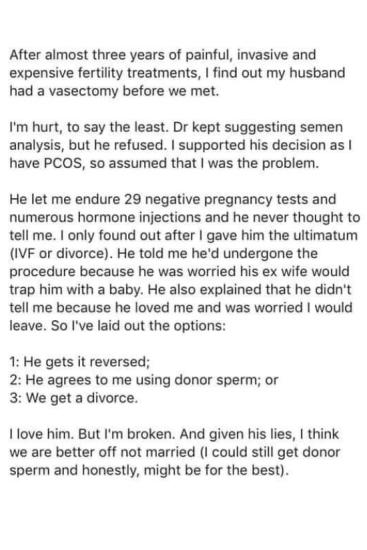 Pcos Woman Struggling To Get Pregnant Discovers Husband Had A Vasectomy Kidspot