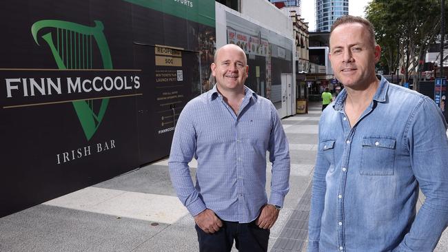 CAPTION: Hallmark Group director Scott Hempel and Hallmark general manager Cade Hopman at Finn McCool’s Fortitude Valley ahead of its reopening on November 12.