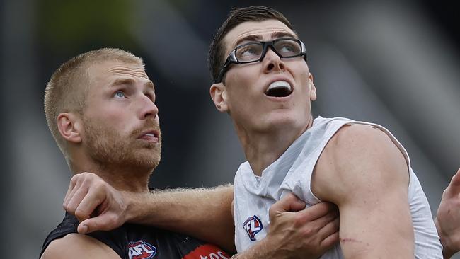 MELBOURNE , AUSTRALIA. March 13 , 2024.  AFLÃ Collingwood training at Olympic ParkÃ  Mason Cox and Billy Frampton during todays session.   Pic: Michael Klein