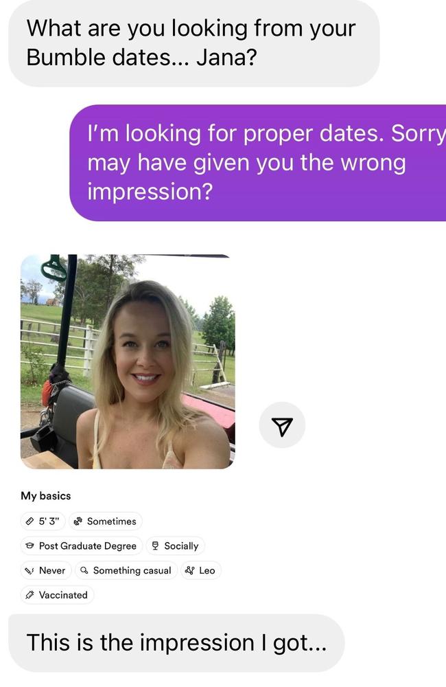 A screenshot of Jana’s Bumble profile showed she’d ticked that she was looking for ‘something casual’.