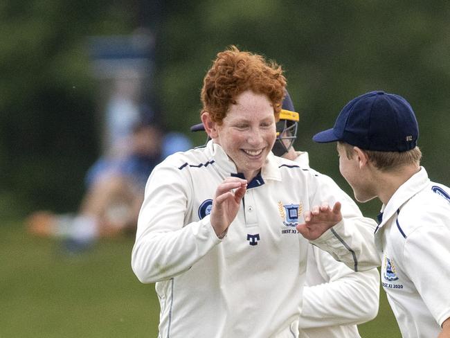 Hugh Weibgen celebrates wicket in the GPS Cricket game between Brisbane Grammar and Anglican Church Grammar (Churchie) at Northgate, Saturday, February 29, 2020 (AAP Image/Richard Walker)