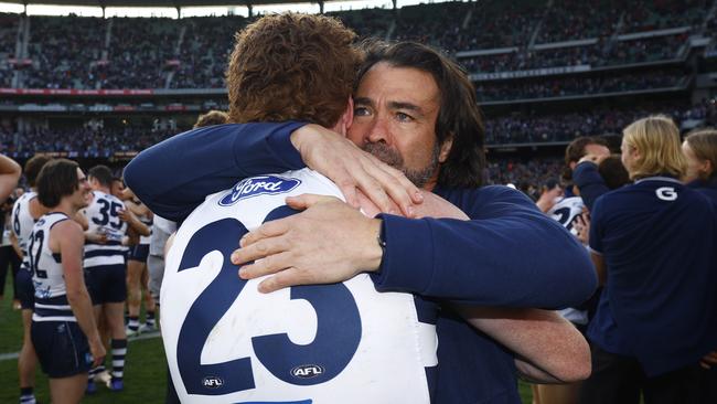 Rohan hugs Chris Scott hugs at the MCG on Saturday. Picture: Daniel Pockett/AFL Photos