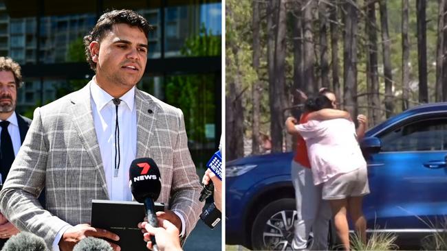 Latrell Mitchell and the moment Channel 7 cameras filmed family members at the scene of the crash. Photo: Twitter, @7NewsSydney.