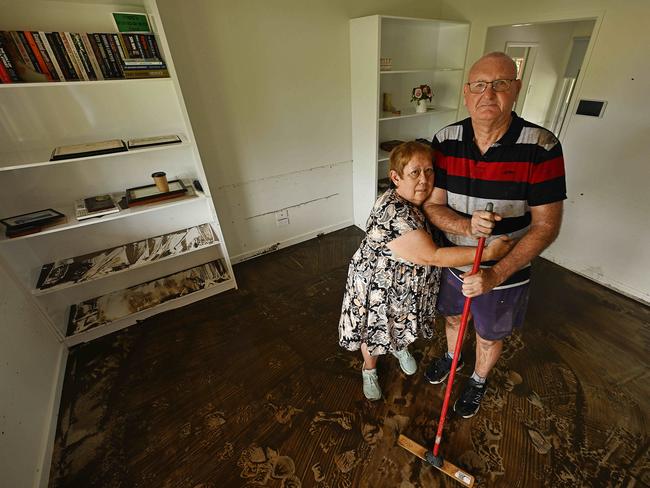 31/1/2024: For the second time in 2 years, local residents Margaret and Gary Merrick in their lounge after their home was flooded on their properties in Bray Park  after flooding rains fell in the area, Brisbane.   pic: Lyndon Mechielsen/Courier Mail