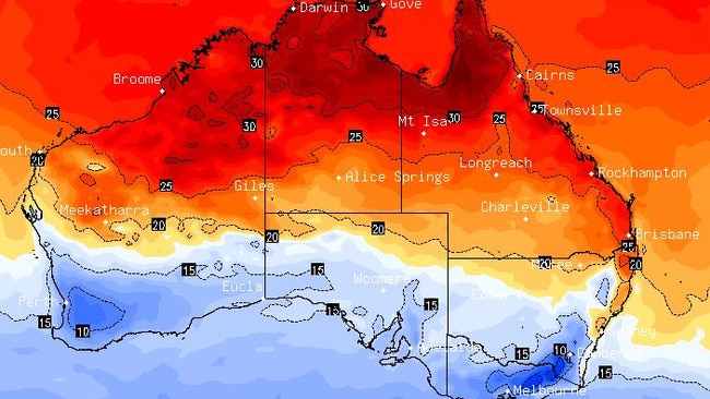 Temperature averages for Saturday across the nation. Picture: Supplied / BSCH