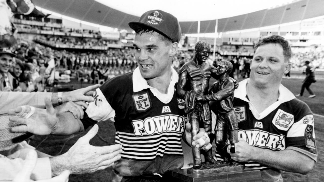 Chris Johns and Kevin Walters after the Brisbane Broncos’ grand final win in 1993.