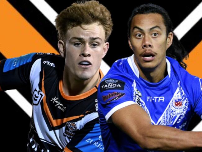 Lachlan Galvin and Jarome Luai of the Wests Tigers.