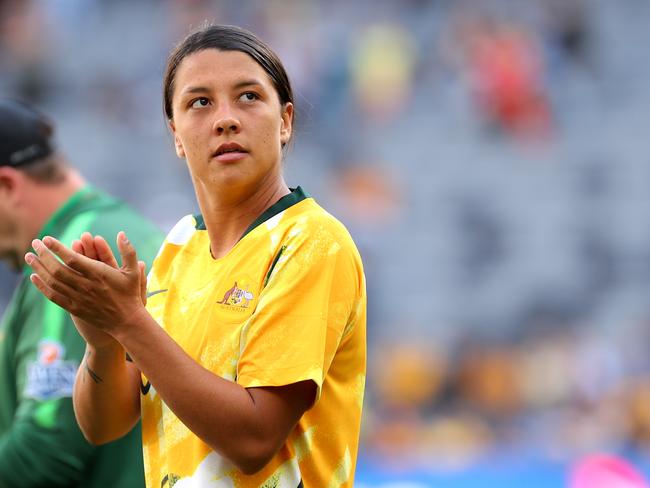 Sam Kerr of the Matildas applauds the crowd after the Womens International Friendlies soccer match between the Matildas and Chile at Bankwest Stadium in Sydney, Saturday, November 9, 2019. (AAP Image/David Gray) NO ARCHIVING, EDITORIAL USE ONLY