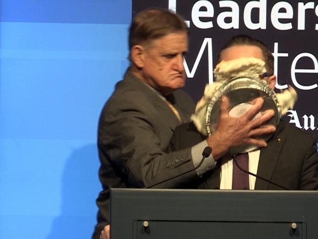 NOTE AUSTRALIAN NEWSPAPER OUTQantas CEO Alan Joyce has cream pie on his face after being attacked by a man who came from back stage while addressing a West Leadership Matters breakfast at the Hyatt Regency hotel in Perth.Picture The West Australian