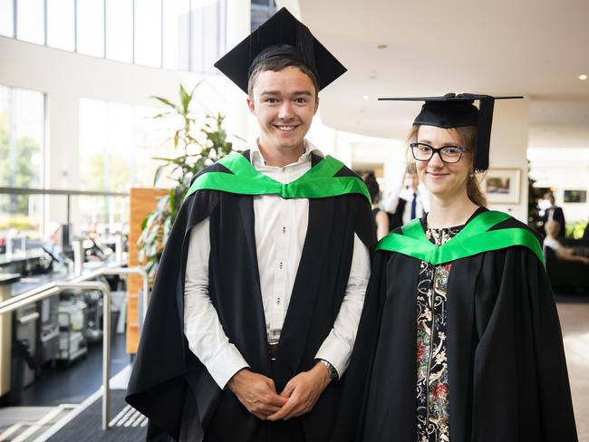 Callum Tate and Julia Griffiths. University of Tasmania Hobart Graduations 2019, Wednesday morning. Picture: RICHARD JUPE