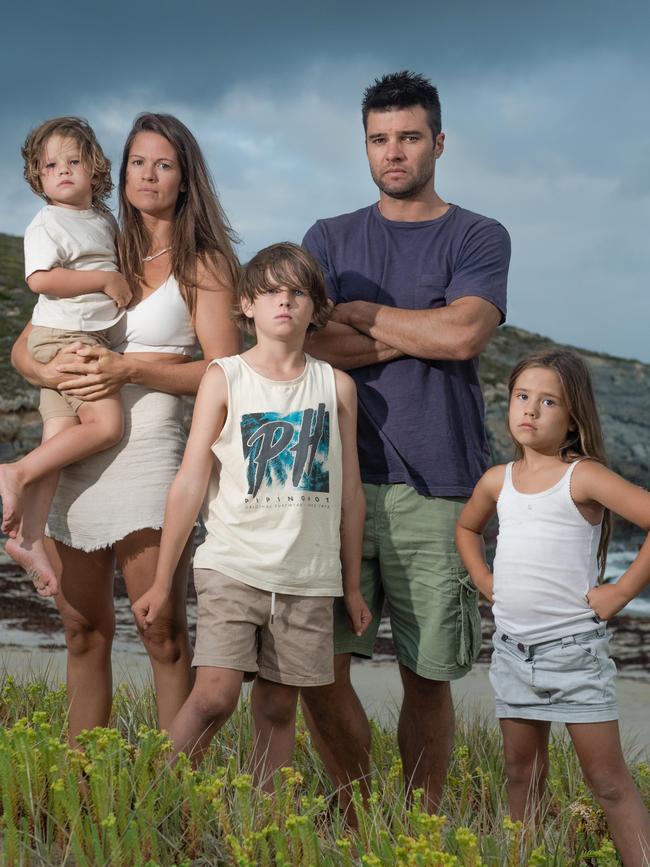 Becky Westbrook with husband David and kids Jed, 8, Indi, 6, and Xavier, 3, at Sandy Beach in the Flinders Chase National Park on Kangaroo Island. Picture: Tom Huntley