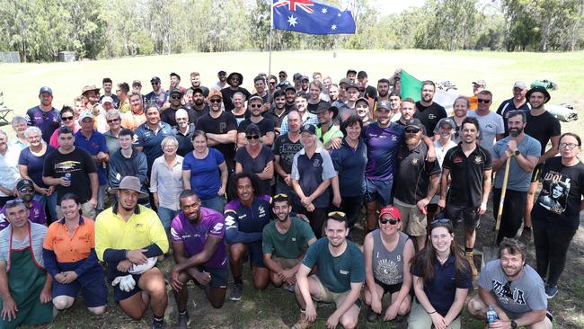 Melbourne Storm players and staff who visited Sarsfield to help the town’s bushfire recovery efforts. Picture: Michael Klein.