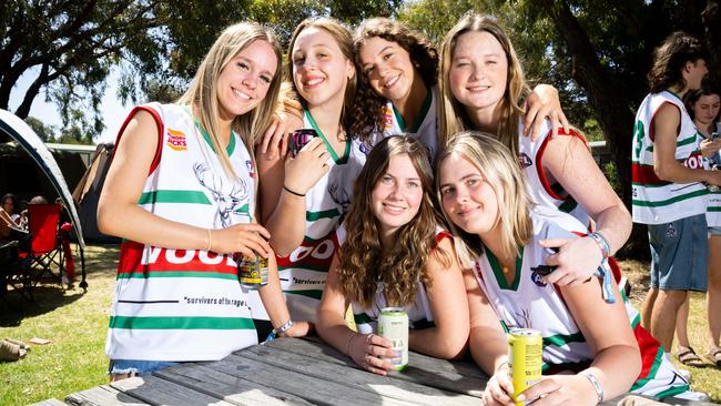 School leavers Tyla Hancock, 18, Mia Jukic, 18, Lara Higgins, 18, Maddie Rodda, 18, Grace White, 18, Ella Holmes, 18, from Blackwood High School at BIG4 Breeze Holiday Parks for Schoolie. Picture: Morgan Sette