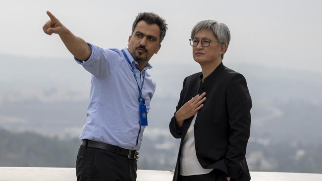 Foreign Minister Penny Wong with a Palestinian official discussing settler violence in Ramallah in the occupied West Bank. Picture: DFAT