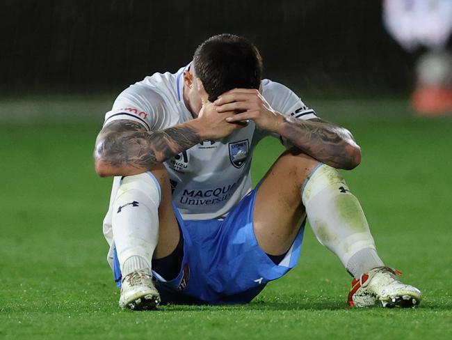 MELBOURNE, AUSTRALIA - APRIL 27: Alexandar PopoviÄ of Sydney FC reacts after the final whistle during the round 28 A-League Men match between Western United and Sydney FC at Ironbark Fields, on April 27, 2025, in Melbourne, Australia. (Photo by Robert Cianflone/Getty Images)