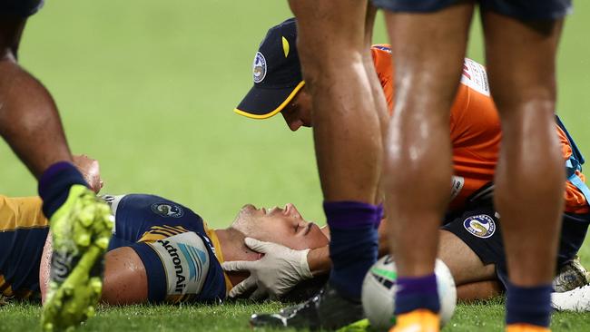 Ryan Matterson is attended to after a head knock in Round 2 of the 2021 NRL season. Picture: Cameron Spencer/Getty Images