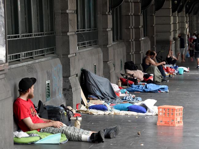 Homeless peopleon Flinders Street. Picture: Nicole Garmston