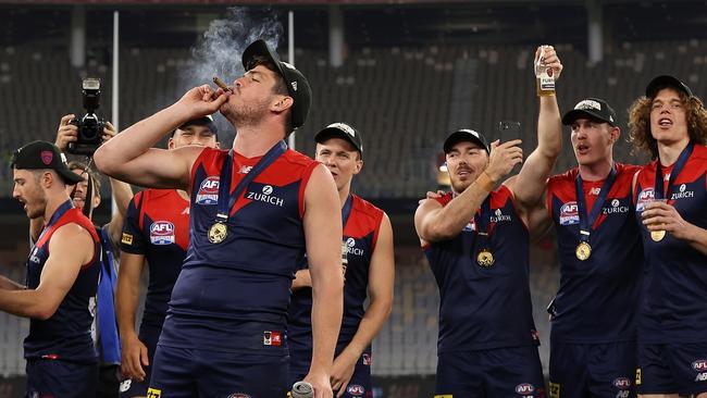 Angus Brayshaw celebrates after winning the 2021 AFL Grand Final. Picture: Paul Kane