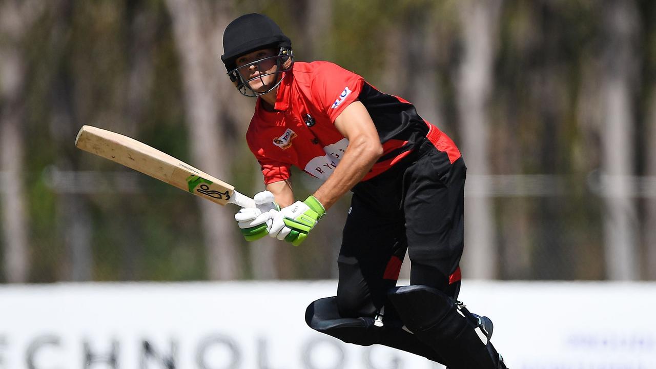 Desert Blaze's Gold Coast recruit Hugo Burdon works a ball through mid wicket on the way to an unbeaten century in the one-day competition. Picture: Felicity Elliott