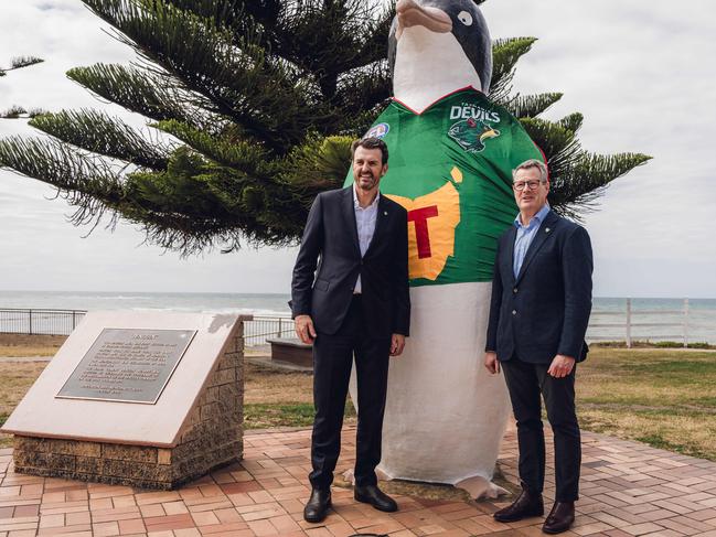 Brendon Gale with Grant O'Brien Chair Tasmania Football Club.  Brendon Gale is welcomed as inaugural CEO of Tasmania Football Club in Penguin Tasmania.  Picture: Tasmania Football Club