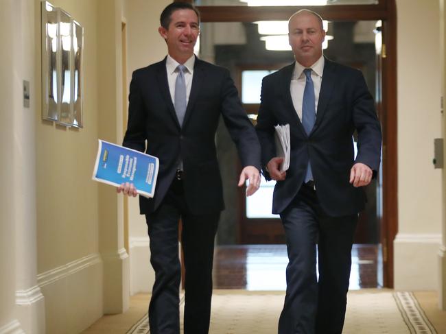 Treasurer Josh Frydenberg and Finance Minister Simon Birmingham (left) have announced the Coalition’s costings. Picture: David Crossling