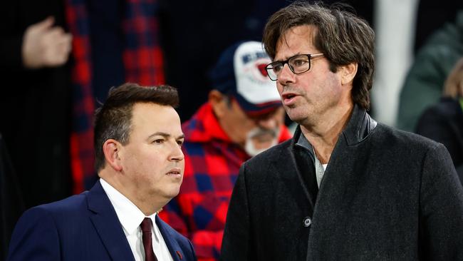 Tom Browne, left, and Gillon McLachlan. Picture: Dylan Burns/AFL Photos