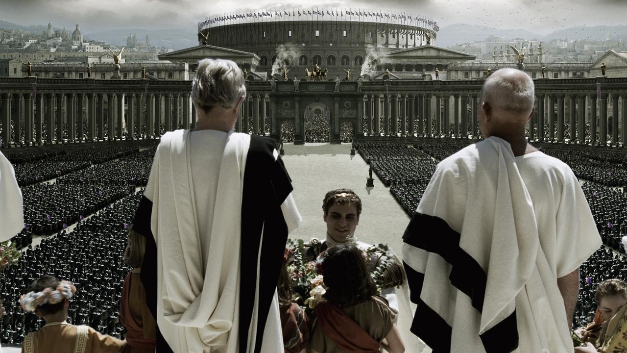 Using computer-imaging, filmmakers recreate the vistas of ancient Rome and produce thousands of Praetorian Guards to greet the new Emperor Commodus, played by actor Joaquin Phoenix, in a scene from DreamWorks Pictures and Universal Pictures epic 2000 film 'Gladiator'. The Colosseum, at the heart of the $100 million epic, was the first hurdle for filmmakers determined to recreate an authentic-looking ancient Rome.