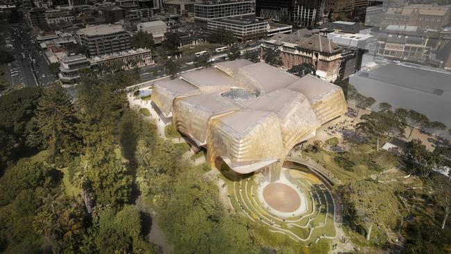 Aerial view featuring an open air amphitheatre to host Welcome to Country and other events. Picture: Diller Scofidio + Renfro and Woods Bagot,