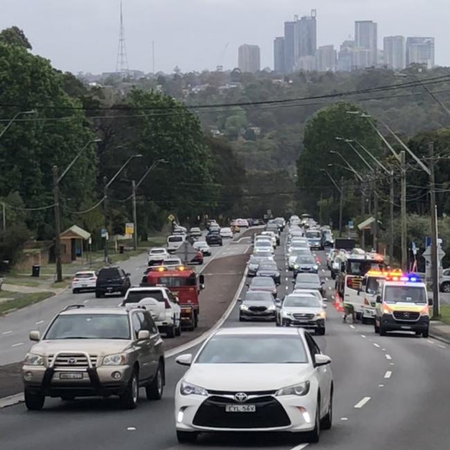 Traffic heading east on Warringah Rd at Forestville was snarled back about 4km, over the Roseville Bridge, after the crash. Picture: Jim O’Rourke