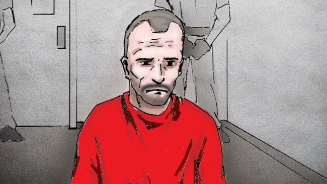 Alleged Darwin gunman Ben Hoffmann, 45, appears in Darwin Local Court after being charged with four counts of murder. Art: Stuart Thornton