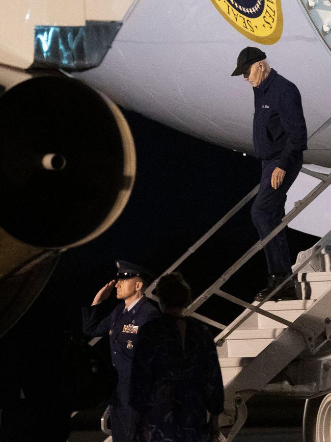 US President Joe Biden steps off of Air Force One in Delaware to isolate after testing positive for Covid. Picture: AFP