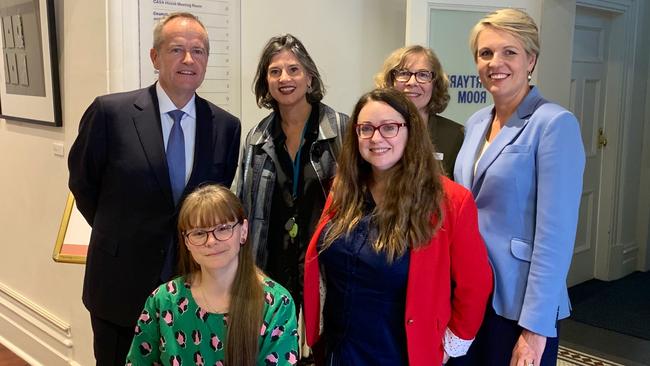 Bill Shorten, left, and Tanya Plibersek, right, with Van Badham and others at yesterday’s domestic violence policy unveiling. Picture: Twitter