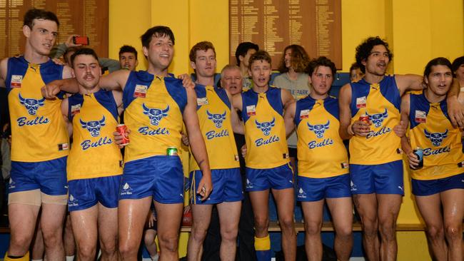 Noble Park players sing the song after surging past Balwyn. Pic: AAP/ Chris Eastman