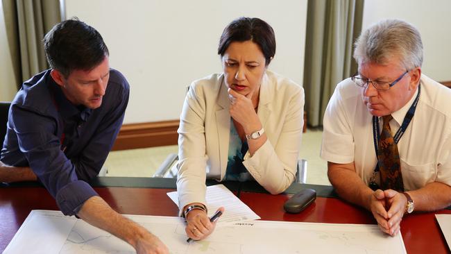 Premier Annastacia Palaszczuk meeting with Minister for Main Roads Mark Bailey and Department of Transport and Main Roads director-general Neil Scales in 2016. Picture: Liam Kidston.