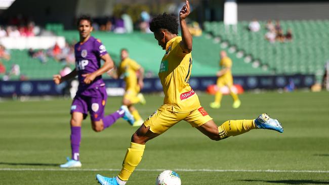 Samuel Silvera of the Mariners scores a goal during the Round 4 A-League match against Perth Glory on November 3, 2019. Picture: Gary Day