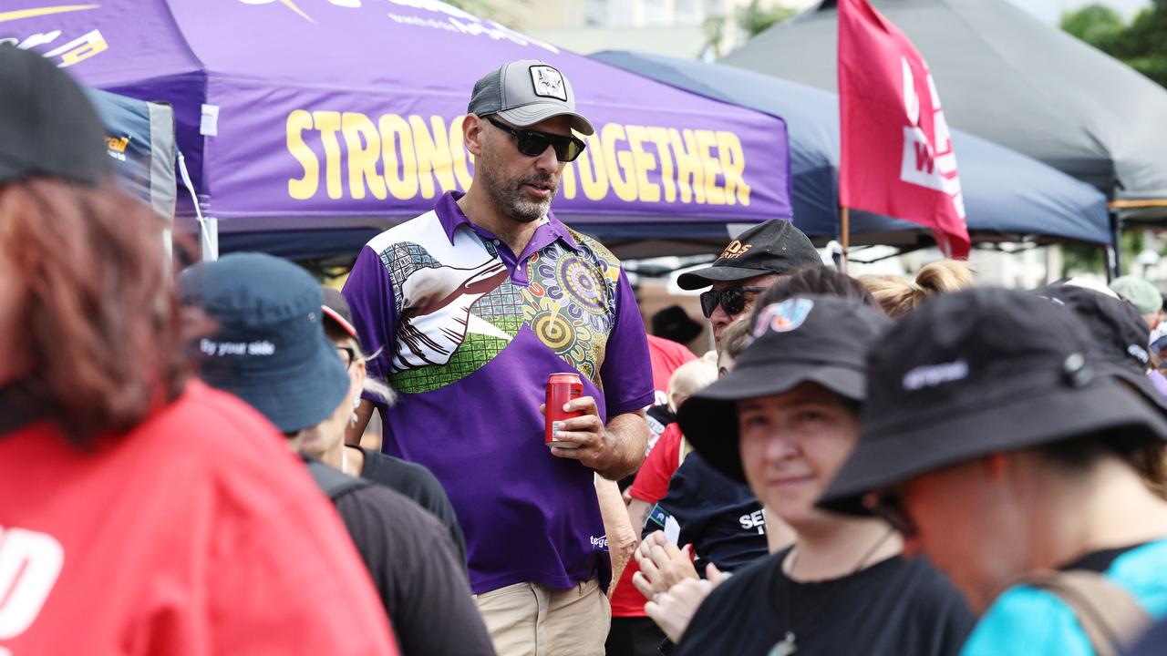 Former regional organiser for the Together Union and new Member for Leichhardt, Matt Smith, speaks with union members at the conclusion of the annual Labour Day march in Cairns City. Picture: Brendan Radke