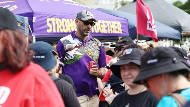 Former regional organiser for the Together Union and new Member for Leichhardt, Matt Smith, speaks with union members at the conclusion of the annual Labour Day march in Cairns City. Picture: Brendan Radke